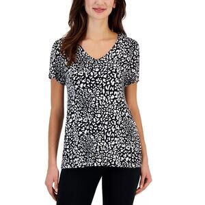 Ideology Womens V Neck T Shirt XXL Black White Cheetah Speckle-Print NWT